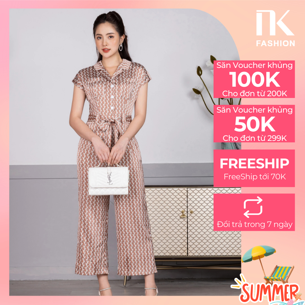 Bộ Jumpsuit Nữ NK Fashion Dáng Dài Cổ Vê Quần Ống Rộng, Họa Tiết Độc Đáo, Chất Lụa Hàn Cao Cấp Mềm Mát NKBD2204009