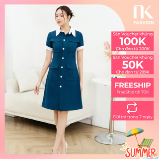 Đầm Chữ A Phối Cổ Tay Trắng NK FASHION Dáng Sơ Mi Thanh Lịch, Túi Nắp Hộp Kiểu Dáng Trẻ Trung NKDV2212002