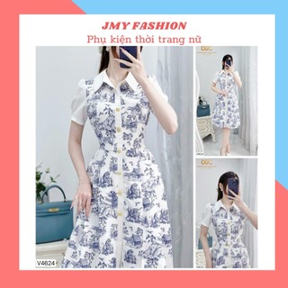 V4624 Váy trắng cổ sơ mi phối hoa nhí xanh [Dolce Viva Colection (DVC)]đầm công sở thanh lịch, đi làm đi chơi xinh xắn