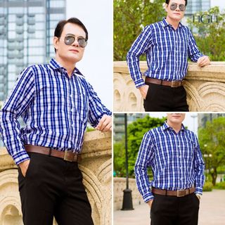 Áo Sơ Mi Trung Niên Nam Dài Tay Dáng Suông Vạt Ngang HGH FASHION Họa Tiết Kẻ Caro Màu Xanh Trắng Vải Cotton Cao Cấp