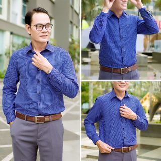 Áo Sơ Mi Trung Niên Nam Dài Tay Dáng Suông Vạt Ngang HGH FASHION Họa Tiết Kẻ Caro Màu Xanh Đậm Vải Cotton Cao Cấp