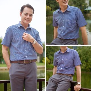 Áo Sơ Mi Trung Niên Nam Ngắn Tay Dáng Suông Vạt Ngang HGH FASHION Họa Tiết Kẻ Caro Màu Xanh Đậm Nhỏ Vải Cotton Cao Cấp