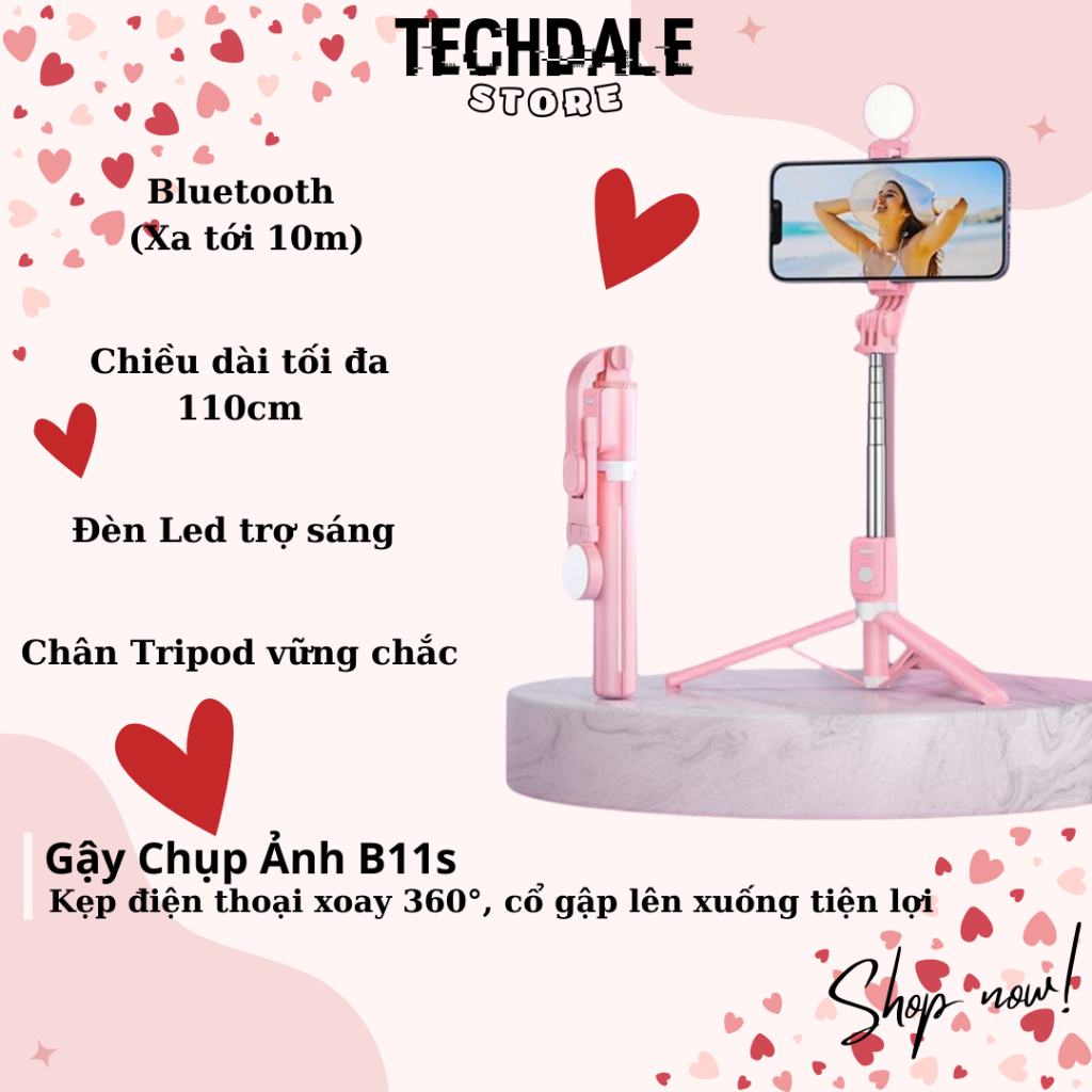 Gậy Chụp Ảnh 3 Chân B11S Thế Hệ Mới, Có Đèn Led Trợ Sáng, Nút Bluetooth Điều Khiển Từ Xa TECHHIGH