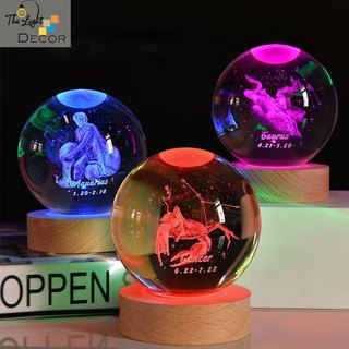 Sét quà tặng sinh nhật 🎁🎁🎁 Quả cầu pha lê đèn led 3d 12 Cung Hoàng Đạo 6cm ( tặng kèm đế đèn + hộp quà)