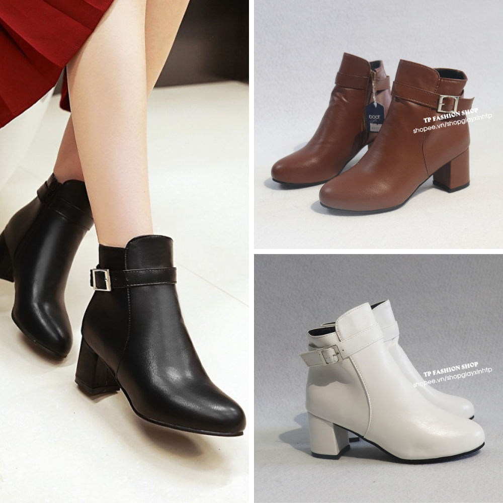Giày boot nữ cổ ngắn gót vuông CÓ QUAI NGANG cao 6cm 3 màu ĐEN, TRẮNG, NÂU style HIỆN ĐẠI - THANH LỊ