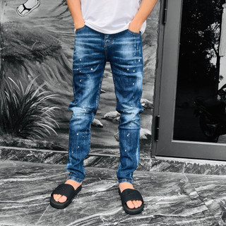 Quần jean nam mau xanh rách gối một bên chat lieu jean co gian thời trang nam