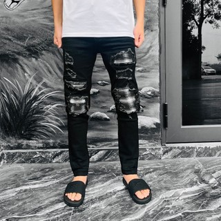 Quần dài đen vá vải ghi cứng chất liệu co giãn thời trang nam