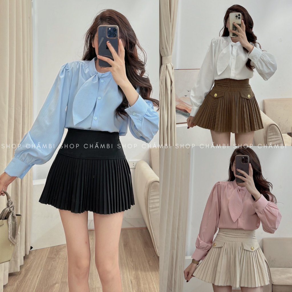 Áo sơ mi nữ dài tay A.573, Áo sơ mi cổ tàu dài tay phối nơ cổ lệch phong cách tiểu thư nhẹ nhàng - Shop Chấm Bi