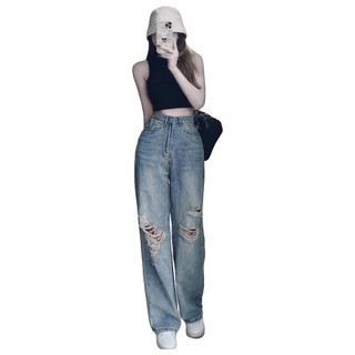 Quần baggy jean nữ JohnsonLi lưng cao, dáng rộng , ống suông, kết hợp nắp túi đai, 2 màu