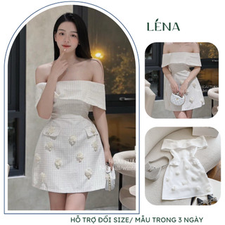Váy đầm trễ vai dự tiệc đính hoa thủ công hai lớp có đệm ngực thiết kế tiểu thư sang chảnh LENA 3078