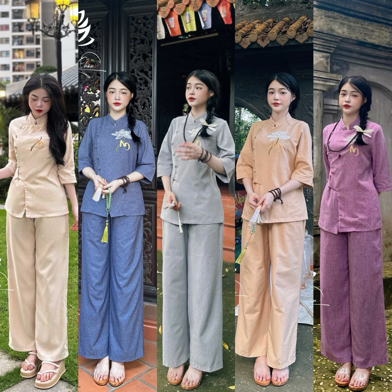 Set Bộ Pháp Phục Thêu An - Set Bộ Lam Cổ Trụ Đính Nút Bọc Thêu Hoa Sen