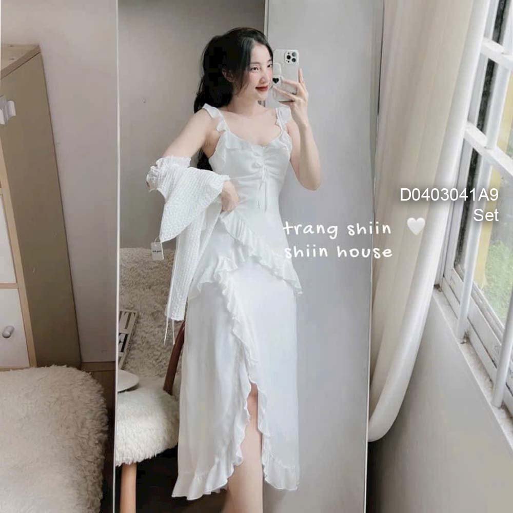 Set áo khoác bên ngoài form croptop tay dài+ đầm dáng dài tay cánh tiên phối viền bèo./