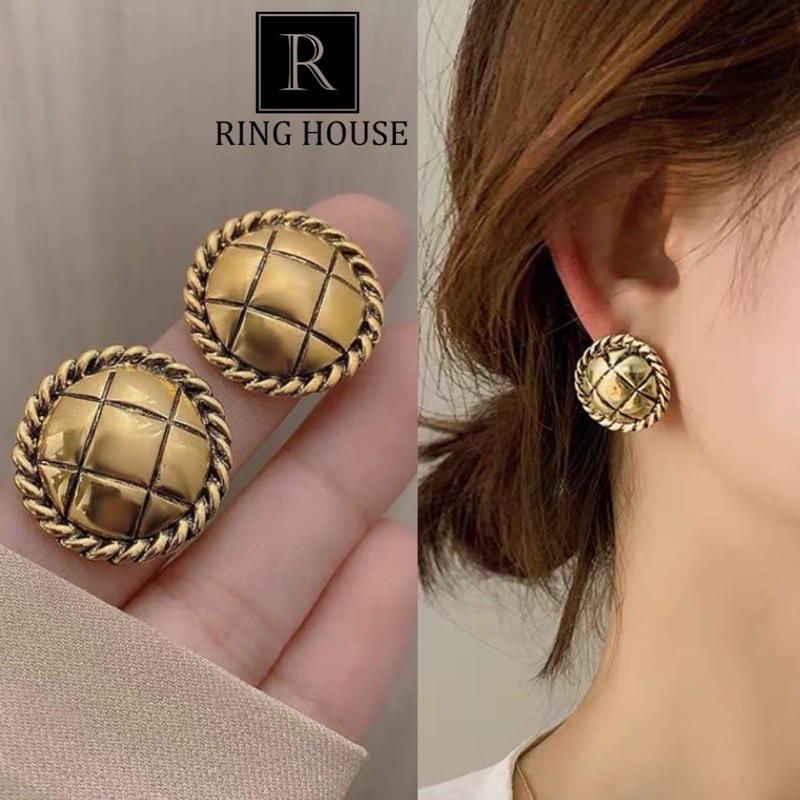 (Chuôi bạc 925) E400 Khuyên tai bông tai nữ tròn vàng kẻ caro dự tiệc cá tính đẹp Ring House