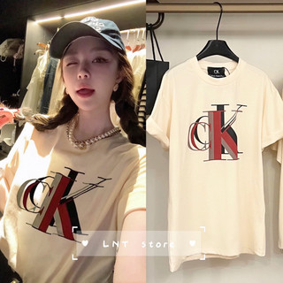 [LNT] Áo thun C.k màu kem sữa nhẹ nhàng hoạ tiết in phối 3 màu logo độc đáo thụng rộng unisex style ngày thường đơn giản