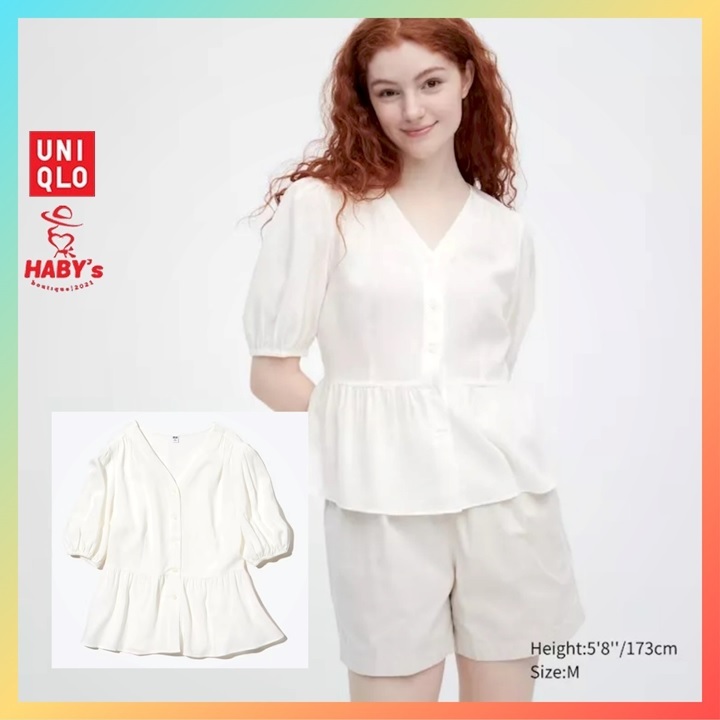 UNIQLO👐JAPAN_Áo Sơ Mi Vải Rayon Lawn, cổ V, ngắn tay - V neck volume sleeve blouse (short sleeve)❄️