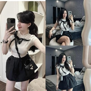 Set áo phông trắng đính nơ, mix chân váy tacta siêu xinh