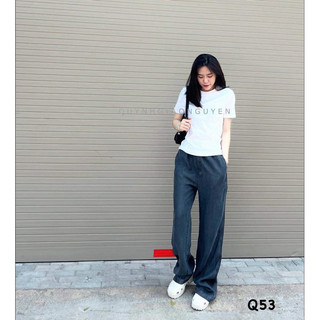 Quần jean nữ màu khói quần ống suông cạp chun chất jean mềm