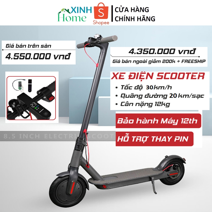 Xe scooter điện gấp gọn bánh 8.5inch màn hình điện tử 40km/lần sạc tốc độ tối đa 30km - Pin Lithium 6.6Ah, 10.4AH bền bỉ