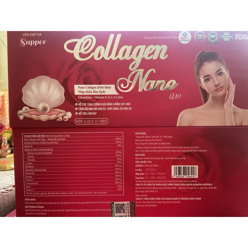 Viên Uống Đẹp Da SUPPER COLLAGEN NANO Q10 - Giúp Đẹp Da , Ngừa Lão Hóa , Sạm , Nám ( Hộp 3 lọ x 15 Viên )
