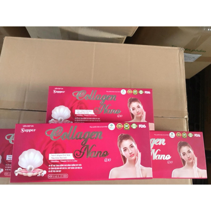 Viên Uống Đẹp Da SUPPER COLLAGEN NANO Q10 - Giúp Đẹp Da , Ngừa Lão Hóa , Sạm , Nám ( Hộp 3 lọ x 15 Viên )