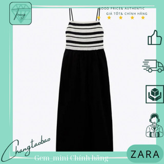 Zara Auth Đầm hai dây mảnh len sọc dài maxi đen trắng size s