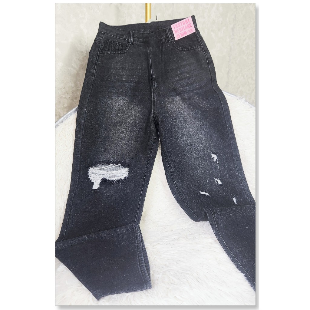 Quần Baggy Jean Nữ Lb Lưng Cao, Ống Loe, Thêu Tim Ms80