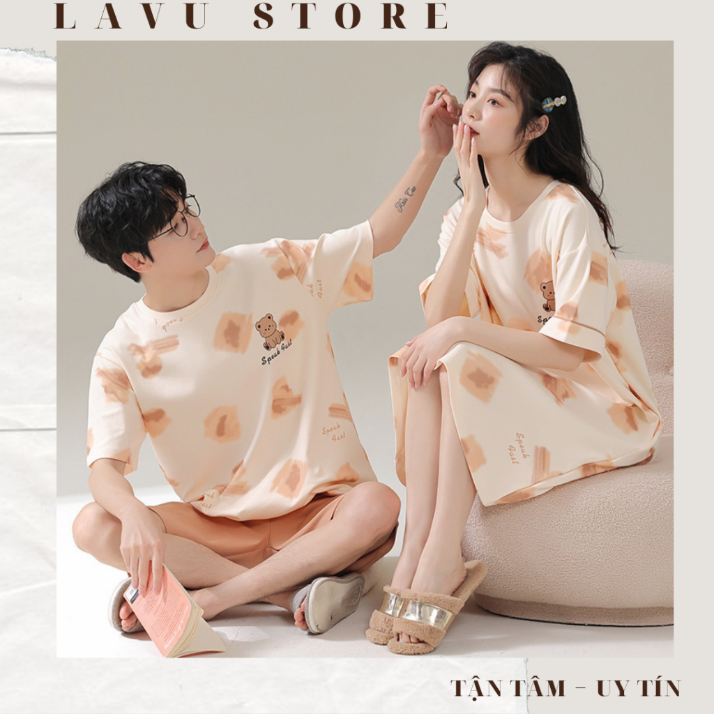 Bộ Pijama đôi cộc tay và váy ngủ cho nam nữ mềm mại thoáng mát_Sẵn hàng