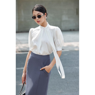 Áo sơ mi lụa trắng tinh cổ nơ huong boutique bssm38