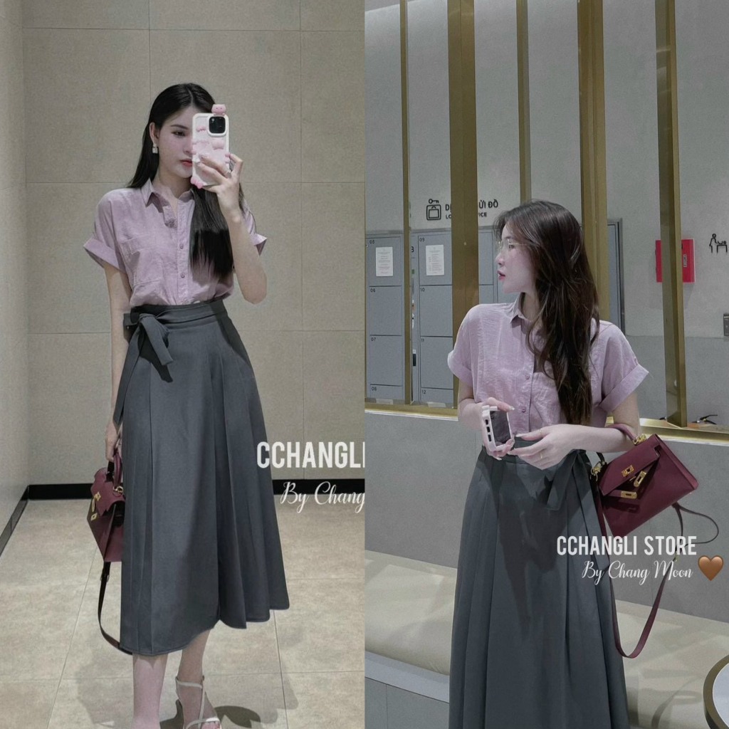 Set váy nữ áo sơ mi đũi kèm chân váy cotton lạnh ( có lót ) họa tiết cột nơ xinh xắn, thanh lịch phù hợp đi làm công sở