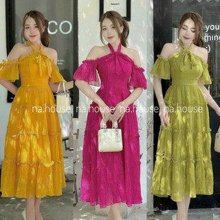 Đầm trễ vai dáng dài đi chơi đi biển Nahouse váy cúp ngực cổ yếm cột cổ maxi lụa bo chun lưng thiết kế đẹp xinh xịn sang