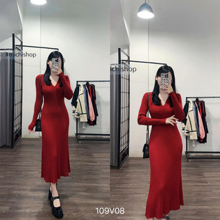 Váy midi len gân dài tay cổ tim freesize màu đỏ - 109V08