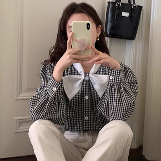 Áo sơ mi nữ thiết kể cổ nơ ,áo sơ mi kẻ caro kiểu hàn quốc vintage xoaistore