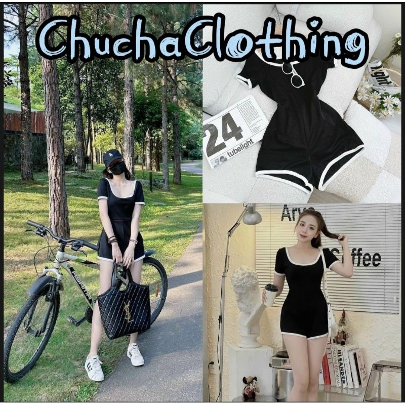 Jumpsuit đùi nữ đi biển tay ngắn viền trắng, set bộ liền quần đi biển cho nữ cổ U - Chuchaclothing