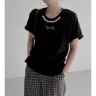Áo phông rộng nữ tay lỡ giấu quần, đính ngọc trai Sang - Xịn, chất vải cotton 100% thoáng mát, co giãn 4 chiều, mềm mịn.