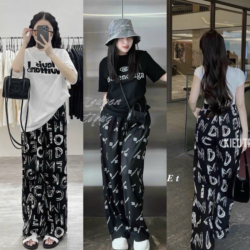 Quần suông ống rộng lụa mỏng mát cạp chữ nhiều hoạ tiết cho nữ_686