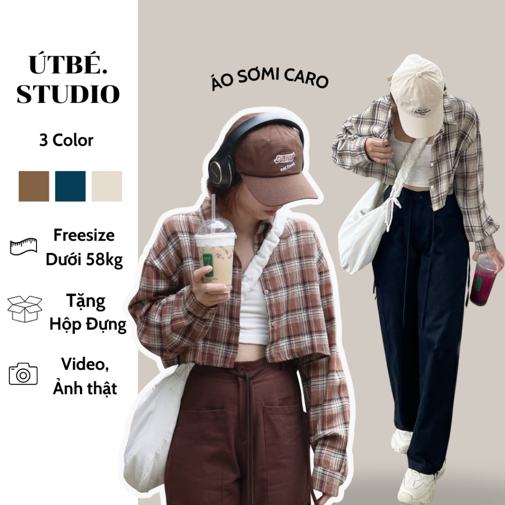 ÚTBÉ Áo sơmi caro tay dài dáng ngắn cho nữ phong cách Hàn Quốc, áo sơmi croptop tay dài thời trang cho nữ
