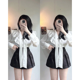 Áo kiểu nữ tay dài vải đũi mềm bèo lá cổ thắt nơ siêu xinh