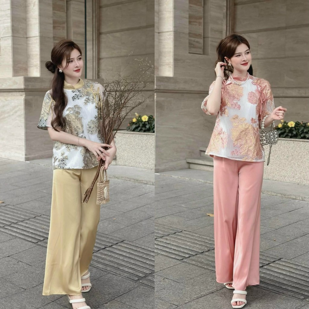 Set bộ đồ nữ áo voan cổ tàu kéo khóa họa tiết hoa xinh xắn kèm quần ống rộng tuyết nhung sang chảnh đi chùa, hội