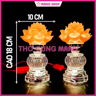 Bộ 2 đèn thờ hoa sen lưu ly pha lê nguyên khối để bàn thờ phật, đèn hoa sen đèn thờ cúng cao 18cm