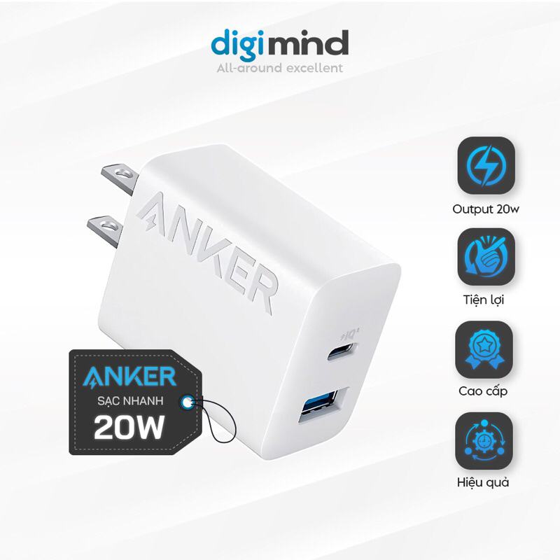 Củ sạc nhanh ANKER A2348 20W 2 Cổng Type C và USB A Hỗ Trợ PD QC 3.0 Nhỏ Gọn, Tiện Lợi cho Cho iP12/