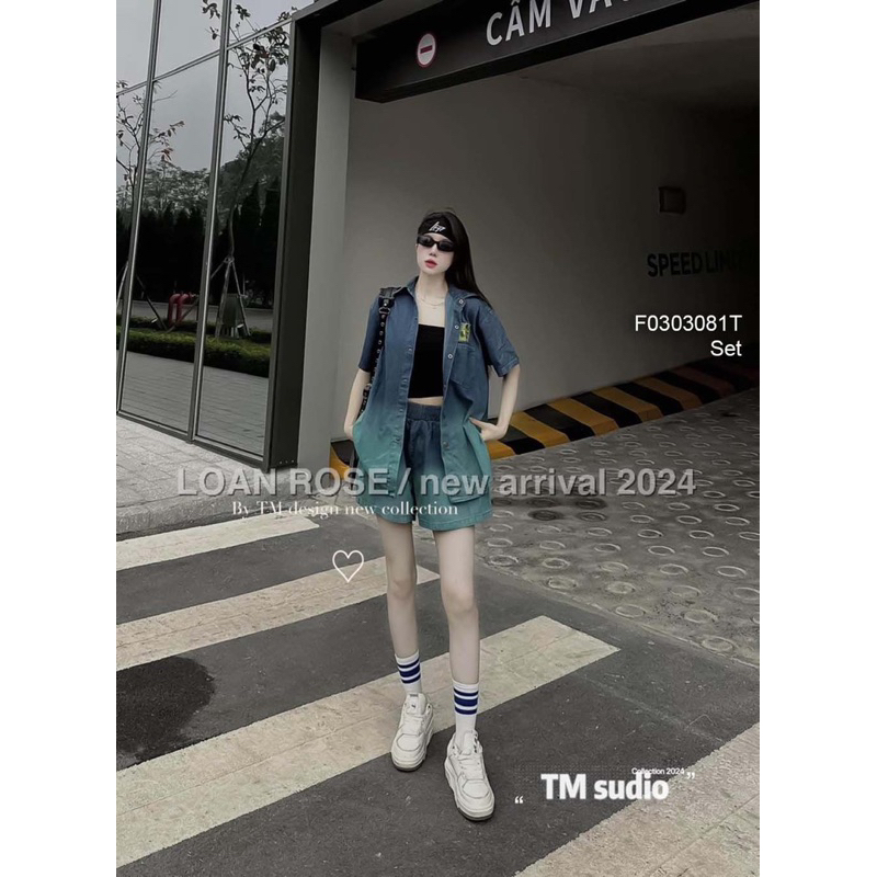 Set bộ jean áo sơ mi tay ngắn in hình chữ phối quần short năng động! TMT House