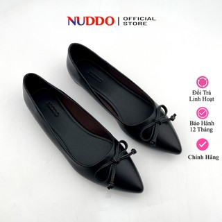 Giày Bệt Nữ Búp Bê Mũi Nhọn Da Thật Cao Cấp, Guốc Đế Bằng Phối Nơ Chỉ Da Mềm NUDDO - NN010C