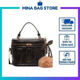 Túi xách nữ đeo chéo, túi xách nữ dáng hộp phối quả bông phong cách vintage T080