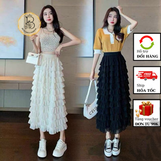 Chân váy xếp ly A chất liệu voan nhiều tầng dài 80cm thời trang nữ 2024-CV111