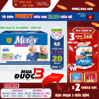 Bỉm người già Merzy XL20 miếng (CÓ KHUYẾN MẠI) (Tã dán Size lớn >75KG) Vách chống tràn kép. #bỉm merzy #tã merzy #merzy