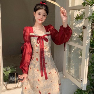 (Sẵn + Hỏa tốc) Đầm họa tiết phong cách Trung Hoa, dáng cách tân tay bồng có nơ trước ngực - N34 - Naii.order