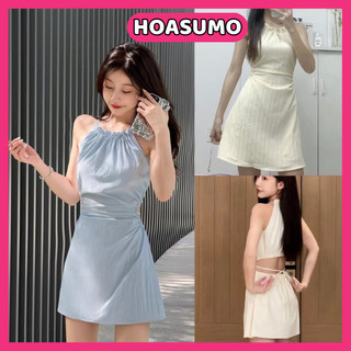 Váy cô yếm hai dây buộc nơ eo hở lưng dáng maxi ngắn,váy đi biển HV200