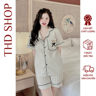 Bộ đồ ngủ Pijama chất đũi gân thoáng mát, đồ ngủ bộ mặc nhà tay ngắn quần đùi có túi