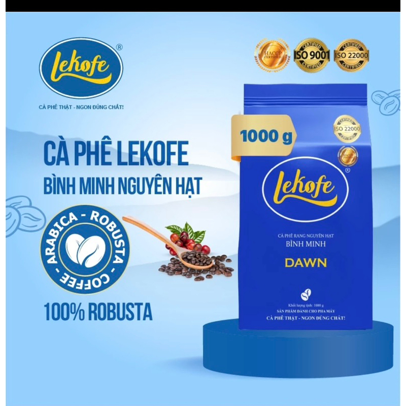 Cà phê nguyên hạt Bình Minh Lekofe - 100% Robusta - Đắng đậm chát nhẹ - Túi 1000g