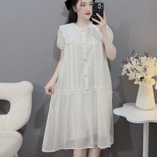 Đầm bầu công sở màu trắng tơ cổ ren, váy bầu xinh 2 tầng đính cúc cổ ren tơ, váy bầu tiểu thư xinh
